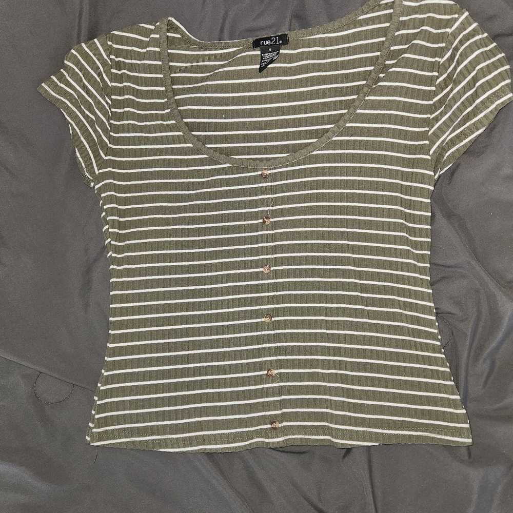 Rue21 Olive and White Striped Short Sleeve Top